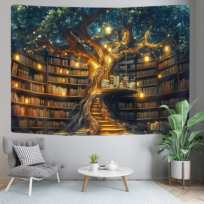 GOAOK Fantasy Library Tapestry For Classroom, Mysterious Tree Magic Bookshelf Aesthetic Tapestries, Witchy Fairytale Tree Vintage Bookshelf Book Art Tapestry Wall Hanging College Room Bedroom, 80"X60"
