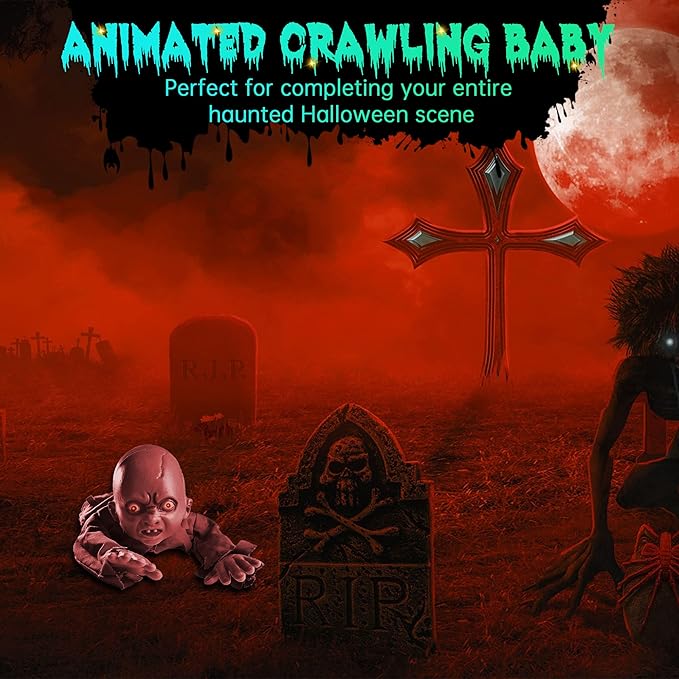 AW Halloween Animated Decoration Crawling Baby Zombie Scary Sound Sensor Activated Ghost Baby Doll Haunted House Flashing Eyes Party Outdoor Decor 2025