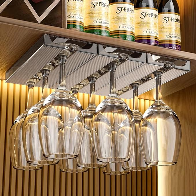 2 Pcs Wine Glass Holder,Stemware Rack Punch-free Hanging Under Cabinet for Bar,Kitchen and Restaurant (Grey)