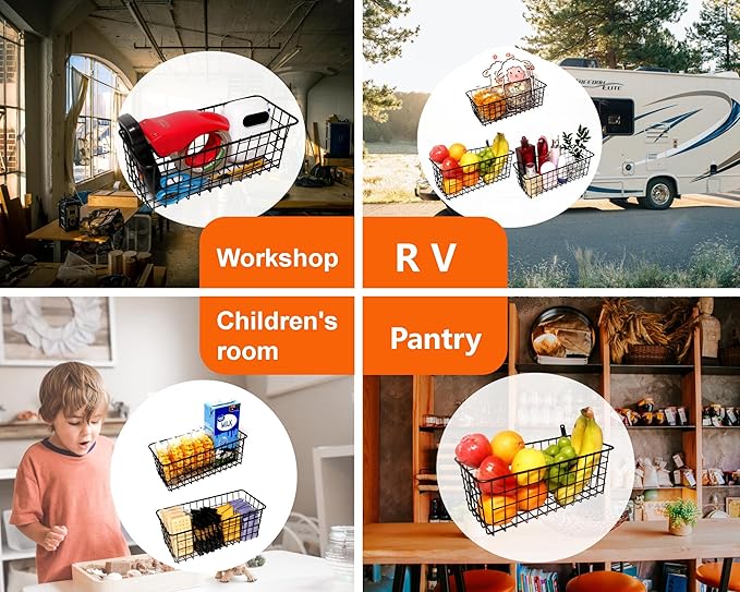 Joben Oligey 3 Set Hanging Wire Baskets ,Wall Mount Fruit Basket,No Drilling,Adhesive Small Metal Basket,Farmhouse Food Storage Mesh Bin Kitchen Pantry Laundry Bathroom Closet Garage RV ,Black