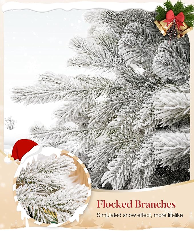 Decoway 6ft Artificial Christmas Tree, Unlit Snow Flocked Xmas Tree with 1571 Branch Tips and Sturdy Metal Stand for Indoor Outdoor Home Decoration