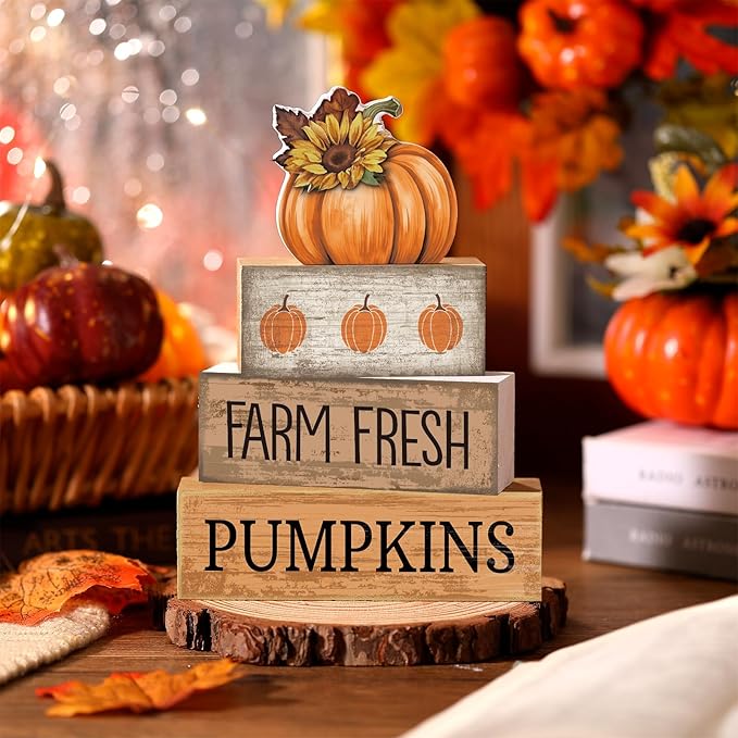 4 Pcs Fall Pumpkin Decor Fall Table Decoration Autumn Tiered Tray Decor Thanksgiving Centerpiece Rustic Decorative Pumpkin Block Signs Farmhouse Thanksgiving Decoration for Home Kitchen