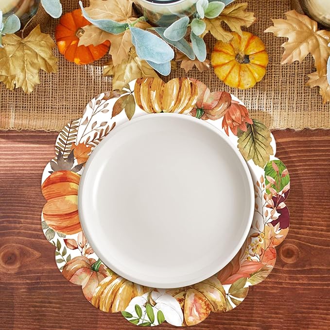 50Pcs Fall Round Paper Placemats,13.4 Inch Autumn Pumpkin Round Table Mats Fall Oval Scalloped Disposable Placemats for Harvest Birthday Thanksgiving Party Supplies