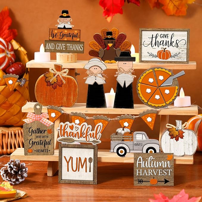 21 Pcs Fall Tiered Tray Decoration Set Thanksgiving Table Sign Pumpkins Farmhouse Decor Gnome Maple Leaves Centerpieces Harvest Wood Blocks Signs Fall Block Tabletop for Autumn(Fresh)