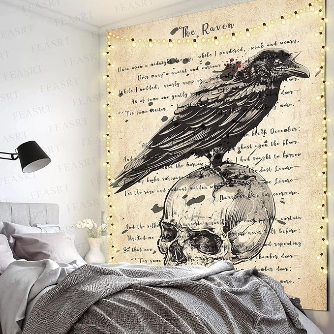 Tapestry Wall Hanging Ancient Raven Hymn Wall Decor for Gothic Rustic Home Room, 84x90 Inches Soft Flannelette, Gothic Skull and Raven Dictionary Poster GTQQAY1546