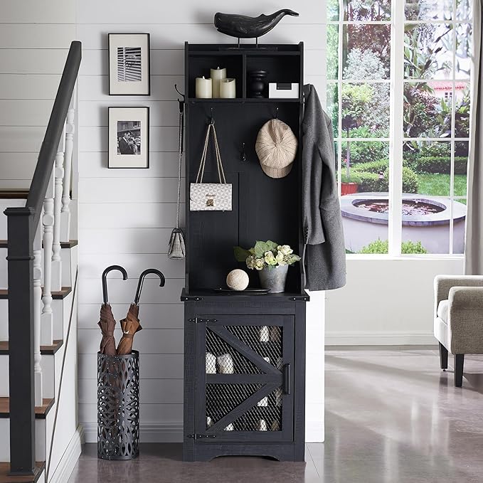 JXQTLINGMU 23" Farmhouse Hall Tree with Shoe Storage, Entryway Bench with 6 Cubbies, 5 Hooks & Barn Doors, Mudroom Coat Rack Cabinet, Black