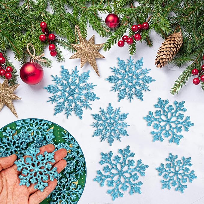 36pcs Christmas Light Blue Snowflake Ornaments Plastic Glitter Snow Flakes Ornaments for Winter Christmas Tree Decorations Size Varies Craft Snowflakes