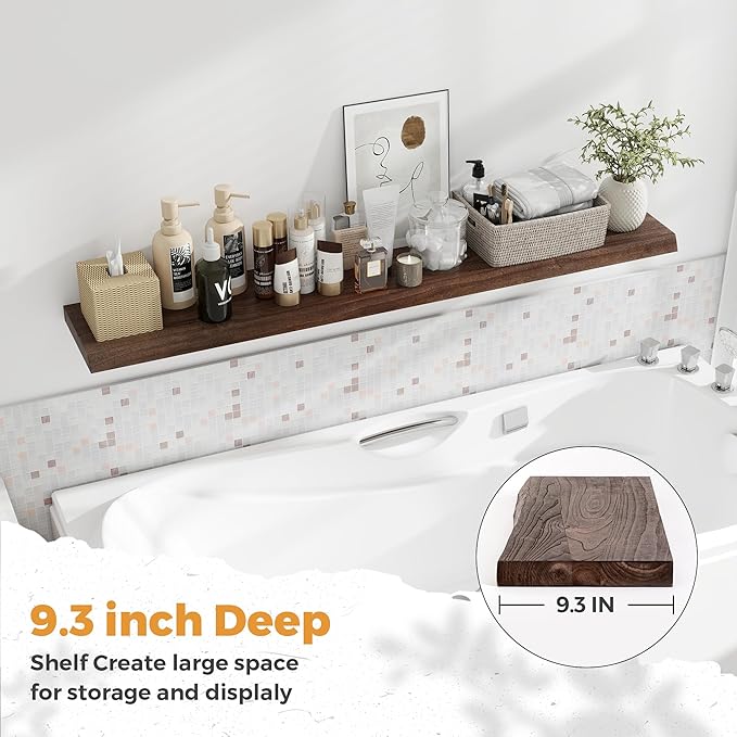 RICHFOCUS Live Edge Elm Floating Shelves - 55" W x 9.3" D Rustic Solid Wood Wall Shelves with Invisible Bracket, Wall-Mounted for Living Room, Bedroom, Kitchen Storage & Display, Set of 1, Walnut