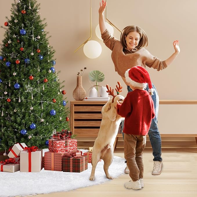 48 Inch Christmas Tree Skirt, White Plush Faux Fur Tree Skirts for 7.5 to 9 ft Trees, Snowy Xmas Tree Mat Decorations for Holiday Christmas Halloween Indoor Outdoor Decor