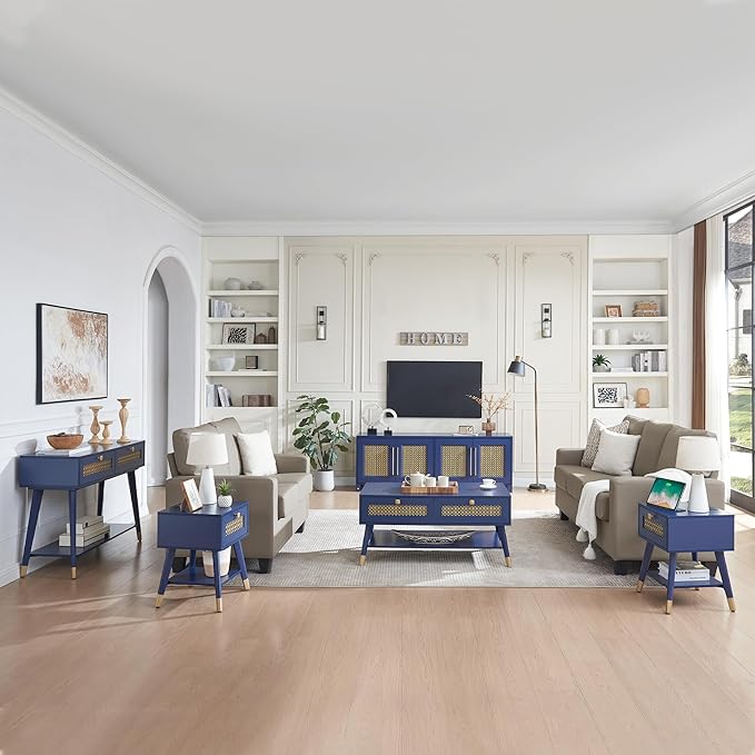 JYED Mid Century Modern TV Stand for TVs up to 75", 69.5" W Blue Entertainment Center with 4 Gold Metal Mesh Doors - Wood Grain MDF TV Console, Media Storage