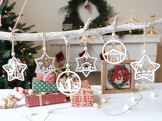 18Pcs Nativity Christmas Tree Ornaments Set, Wooden Nativity Scene Ornament, Religious Gift for Christian Family Christmas Decoration