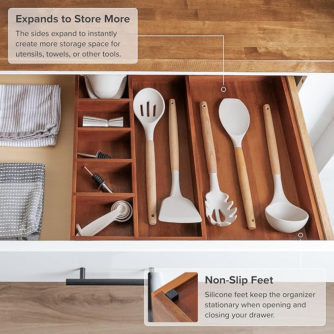 Adjustable Kitchen Drawer Organizer for Utensils and Junk, Food-Safe Contract Grade with 100% Sustainable Wood, Non-Slip, Expandable from 10.5 to 18.5 Inches Wide - Natural Acacia