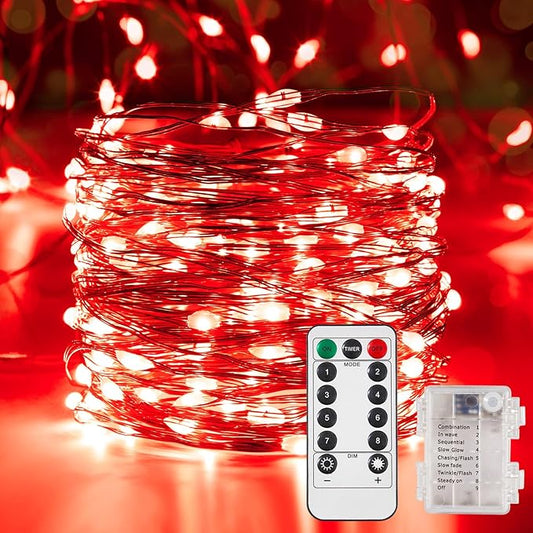 1 Pack 32.8 Ft. Battery Operated Outdoor String Lights with Remote & Timer, LED Red Fairy Lights, Waterproof Twinkle Lights for Bedroom, Dorm, Mason Jar, Wedding, Party, Christmas