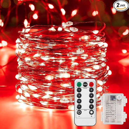 2 Pack 32.8 Ft. Battery Operated Outdoor String Lights with Remote & Timer, LED Red Fairy Lights, Waterproof Twinkle Lights for Bedroom, Dorm, Mason Jar, Wedding, Party, Christmas