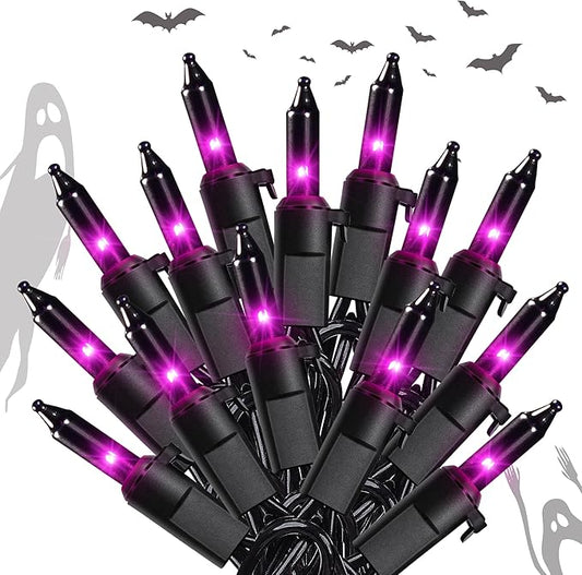 YOUNGAR Purple Halloween Lights, Clear Halloween Light Outdoor,13FT 50 UL Approved String Light with Black Wire,Incandescent Mini Waterproof Plug in for Indoor Tree Patio Garden Christmas Xmas Decor
