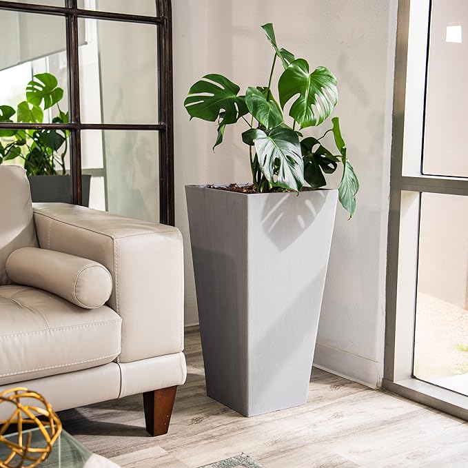 XBrand Modern 30-Inch Tall Square Planter, Tapered, Perfect for Indoor & Outdoor, Patio Decor, Set of 2, Gray