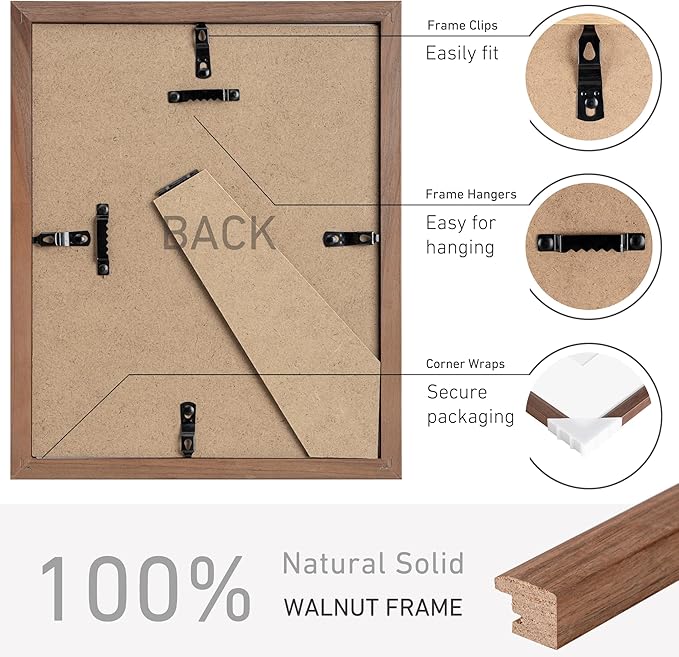 8x10 Picture Frame Set of 4 Natural Solid Walnut Photo Frames with 5x7 Removable Mat Wall Hanging Large Handcrafted Frame with HD Plexiglass Wall and Tabletop Display Large Poster Frame