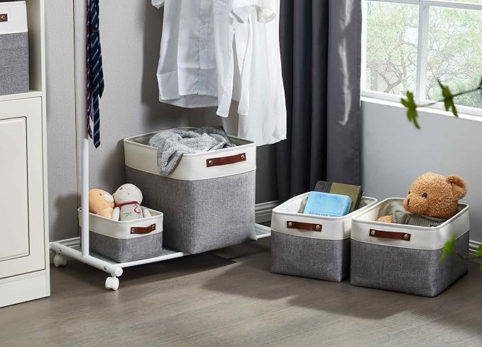 DECOMOMO Storage Baskets | Large Storage Bins 54.5L Fabric Baskets for Organizing Laundry Nursery Toys Cloth Linen Closet Organizers with Handles (Grey and White, XXXL - Jumbo/3P - 17" x 13" x 15")