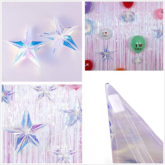 12 Inch Diameter Iridescent Ornament Star Hanging Decorations, Clear Foil Decorative Folding Decor, Rainbow Shine Party Ornaments for Bridal Shower Wedding Birthday Frozen Theme Party Decorations