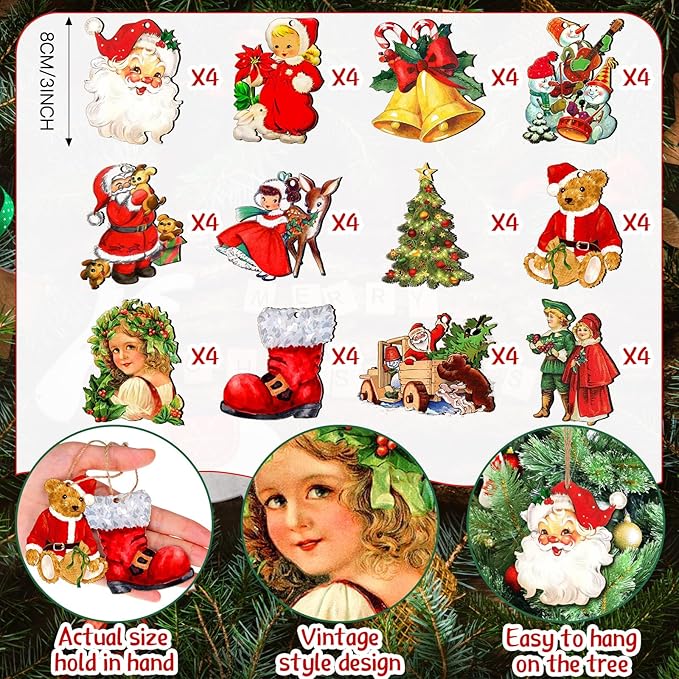 48 Pcs Victorian Style Wood Christmas Tree Ornaments - Hanging Vintage Decorations With Santa Claus and Snowman - Retro Wooden Ornament (Vivid Style)