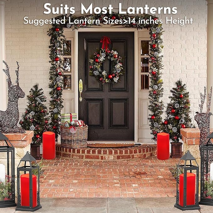 NURADA 8" x 4" Large Outdoor Flameless Candles - Waterproof LED Pillar Flickering Candle Battery Operated with Timer Remote Control for Patio Porch Christmas Decor - 2 Pack Red