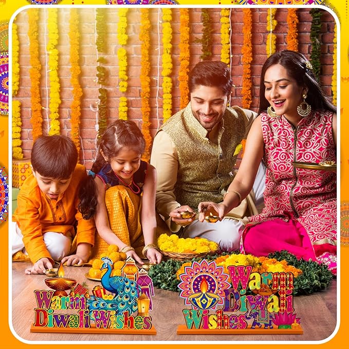 6 Pcs Diwali Wooden Table Centerpiece Warm Diwali Washes Wooden Table Sign Festival Candle Elephant Peacock Signs Farmhouse Wood Tabletop Decor for Home Party, 6 Styles