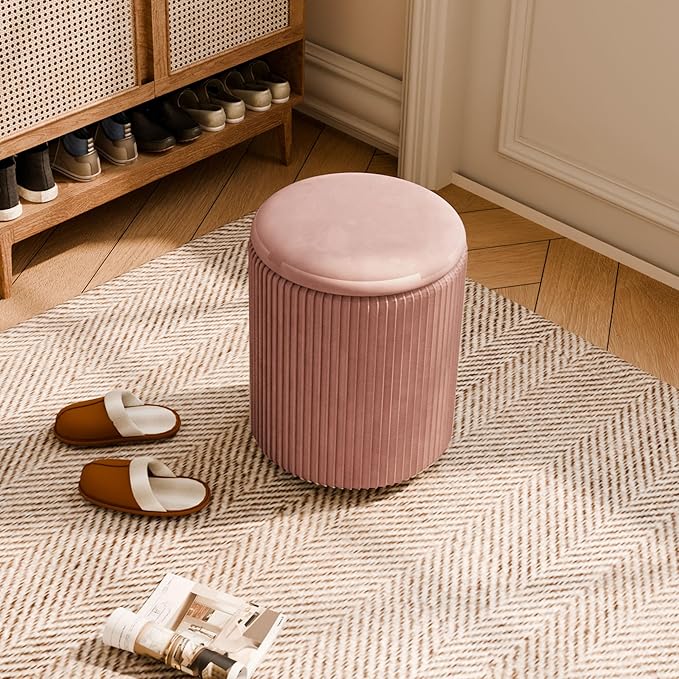 Ottoman with Storage Set of 2, Velvet Storage Ottoman, Upholstered Sponge Vanity Stool Support 300lbs, Multifunctional Coffee Table Foot Rest Ottomans for Living Room Bedroom, Pink