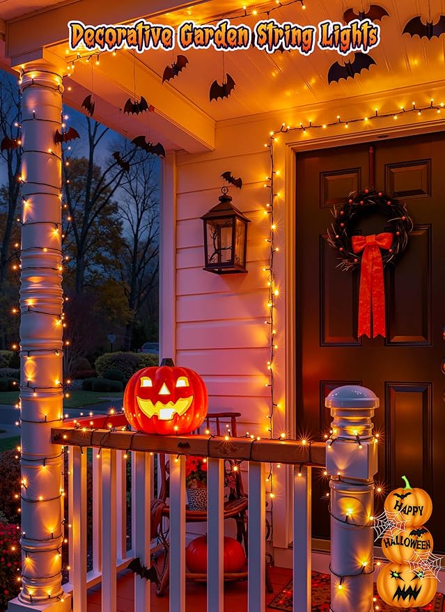 Brightown 2 Pack Halloween Solar String Lights Outdoor, Total 144Ft 400 LED Twinkle Fairy Lights Waterproof with 8 Modes Auto On/Off for Patio Tree Garden Party Home Decorations (Orange)