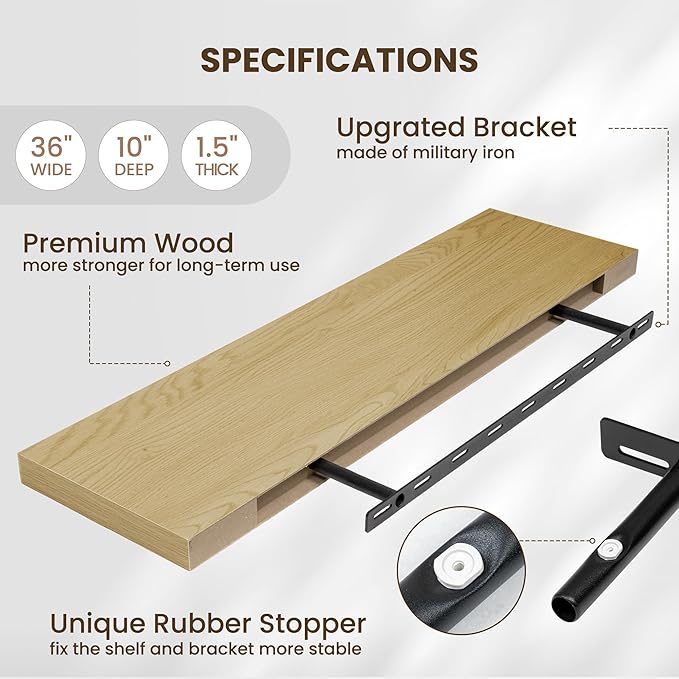 Fun Memories Floating Shelves for Wall 36 Inches, Wood Shelves with Invisible Bracket, 10" Deep Shelves Wall Mounted, Large Wood Floating Shelves for Living Room Bathroom, Oak, Set of 2