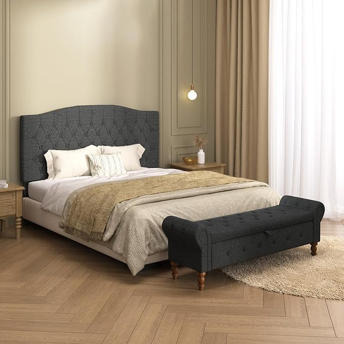 Storage Ottoman Bench for Bedroom, Linen 52" End of Bed Bench with Rolled Arms Upholstered Ottoman Bench Fit for Bedroom, Living Room, Entryway, Dark Gray