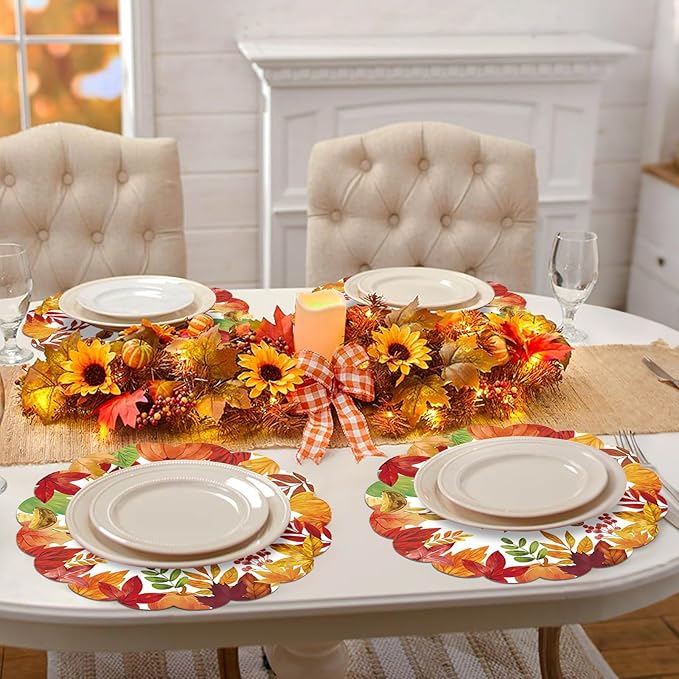 50Pcs Thanksgiving Fall Round Paper Placemats,13.4 Inch Autumn Maple Leaves Round Table Mats Fall Scalloped Disposable Placemats for Harvest Birthday Thanksgiving Party Supplies