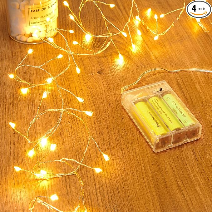 4 Pack Fairy Lights Battery Operated, 5 Feet 60 LED Twinkle String Lights Waterproof Firecracker Starry Lights for DIY Wreath Home Wedding Bedroom Mason Jar Holiday Christmas Decorations, Warm White