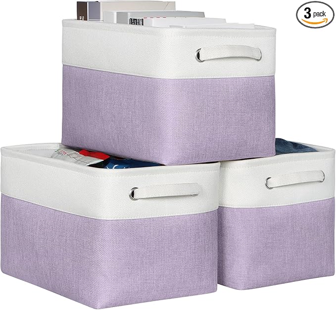 Kntiwiwo Foldable Storage Bins 15" x 10" x 9.5" Fabric Storage Basket Cube with Handles Large Linen Closet Organizer Bins for Organizing Shelf Home, Set of 3, Purple