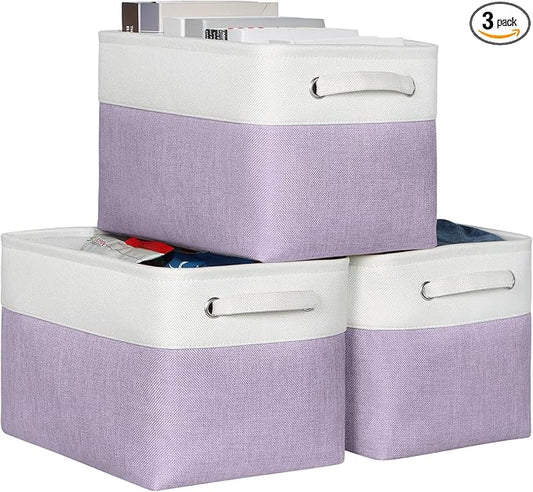 Kntiwiwo Foldable Storage Bins 15" x 10" x 9.5" Fabric Storage Basket Cube with Handles Large Linen Closet Organizer Bins for Organizing Shelf Home, Set of 3, Purple