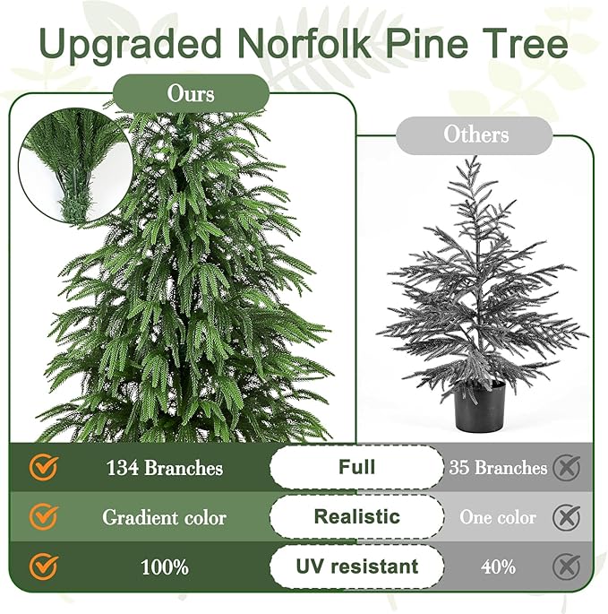 Artificial Norfolk Pine Tree, 4 ft Realistic Christmas Tree, Fake Potted Plants for Front Porch Outdoor Indoor Garden Christmas Decor
