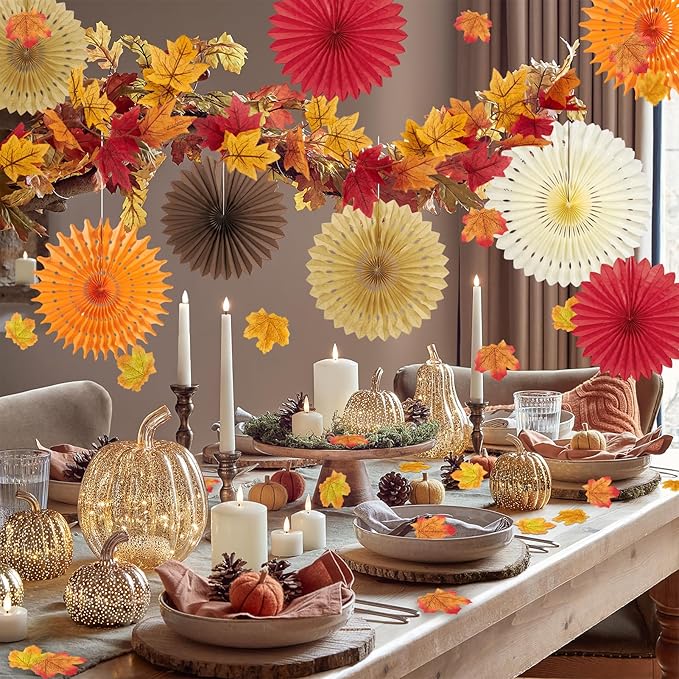Fall Party Decorations, 9 Pcs Fall Paper Fans, 100 Pcs Artificial Maple Leaves and Fall Leaves Garland, Orange, Red, Ivory Colors for Thanksgiving, Harvest, Fall Wedding, Home Decor