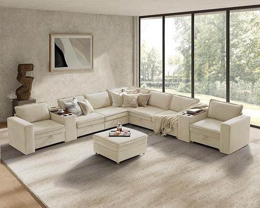 HULALA HOME Modular Sectional Sofa with USB Port and Console, 8 Seater Sofa with Storage Ottoman, Oversized L Shaped Couches for Living Room, FSC Certified, Beige
