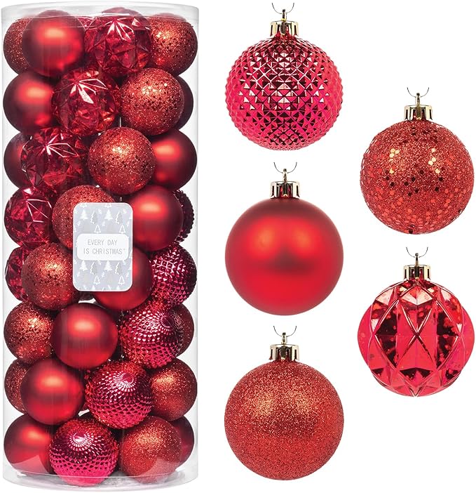 Every Day is Christmas Ornaments, Shatterproof Christmas Tree Ornament Set, Christmas Balls Decoration 50 Count (2.24"/57mm, New Red)
