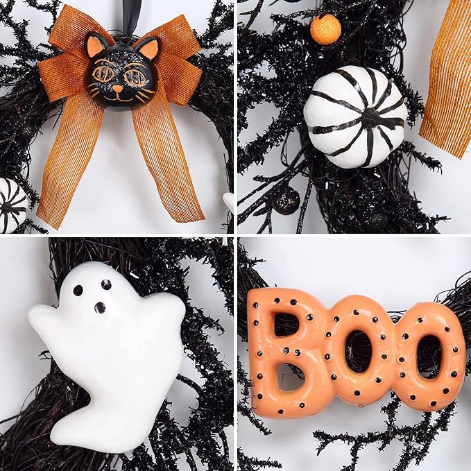 Adeeing Halloween Wreaths for Front Door, 18Inch Halloween Wreath with Black Cat Boo Sign White Pumpkin and Ghost for Indoor Outdoor Window Proch Halloween Decoration