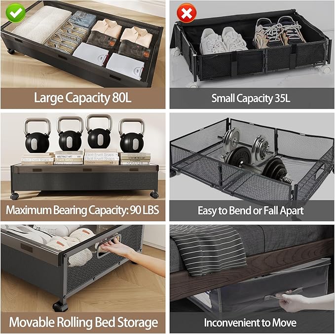 Under Bed Storage Containers with Wheels, 80L Extra-large Underbed Shoe Storage Organizer 2 Pack with Removable Lids, Large Rolling Under Bed Storage Dresser Drawers for Clothes Shoes Blankets