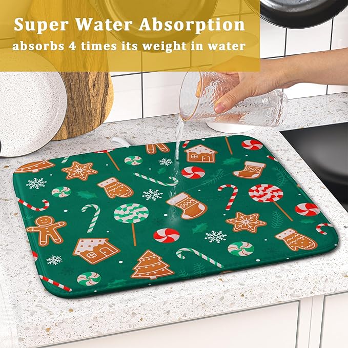 Gingerbread Dish Drying Mat for Kitchen Counter Holiday Green Super Absorbent Reversible Microfiber Kitchen Countertop Protector Dishes Pad Small 16x18 inch
