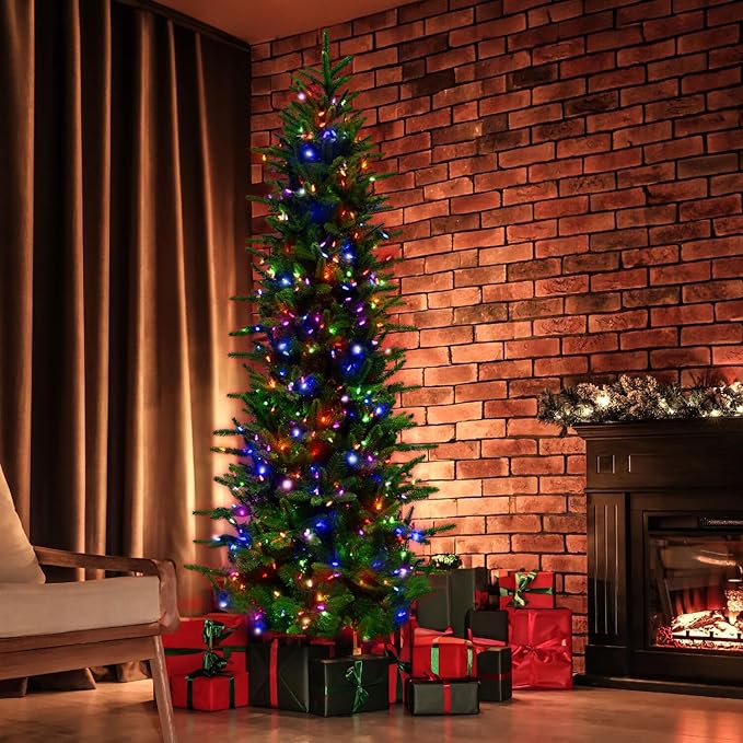Fraser Hill Farm 9-Ft. Carmel Pine Slim Artificial Christmas Tree with Dual Multicolor & Warm White LED Lights and Stand, Prelit Foldable Fake Tree with Realistic Foliage for Home Decoration