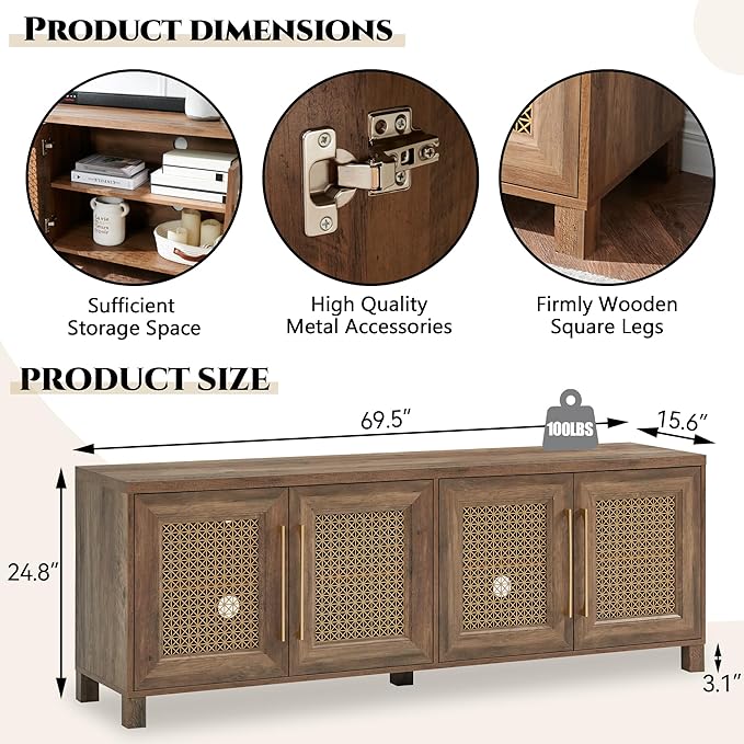 JYED Mid Century Modern TV Stand for TVs up to 75 Inch, with Hollow Metal Mesh Decorated，Boho TV Console with Storage Cabinet,Cable Holes, TV Stand for Living Room, 69.5"x15.6"x24.8", Rustic