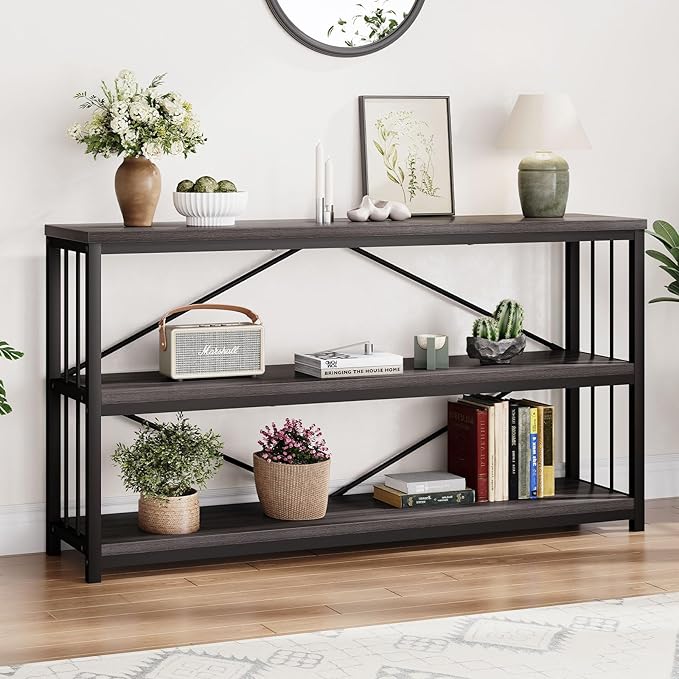 LVB Industrial Console Table, Metal and Wood Sofa Table, Rustic Entryway Table with Storage, Modern 3 Tier Shelf Long Foyer Tables Behind Couch for Home Living Room Hallway, Dark Gray Oak, 55 Inch