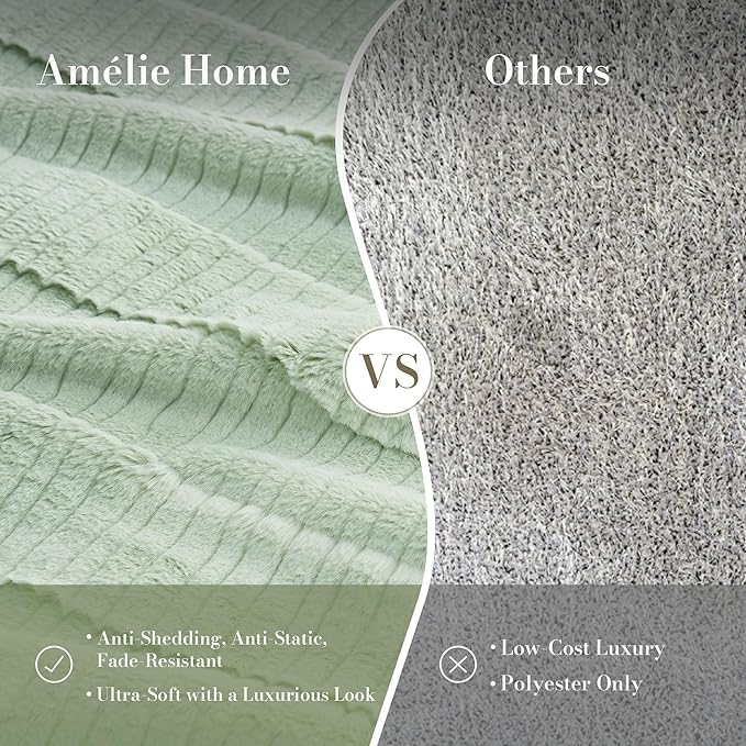 Amélie Home Luxury Striped Faux Fur Throw Blanket for Couch, Embossed Split Fur Cozy Fuzzy Fluffy Luxurious Soft Plush Sofa Chair Bed Gift Blankets for Women Men Wife Friend, 60"x80", Sage Green