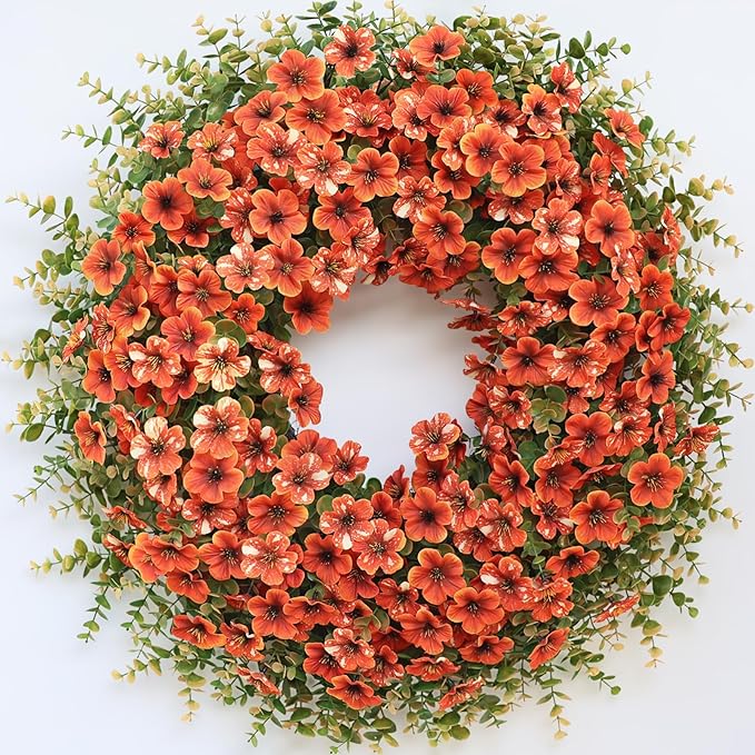 26" Fall Wreath for Front Door, Porch, Window - Large Artificial Boxwood Leaves with Fake Daisy Flowers Outdoor Wreath Faux Eucalyptus for Home Farmhouse Harvest Festival Thanksgiving Day Autumn Decor