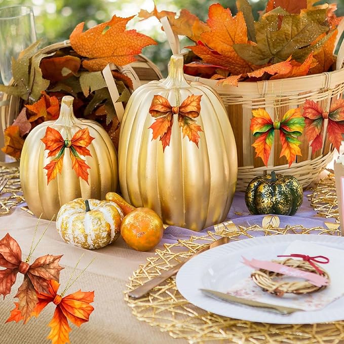 Fall Thanksgiving Hanging Ornament,9 Pcs Cute Bow Shaped Maple Leaf Acrylic Pendant, Funny Cartoon Christmas Tree Ornaments Decorationfor Tree Mini Autumn Leaf Decorations Indoor Outdoo