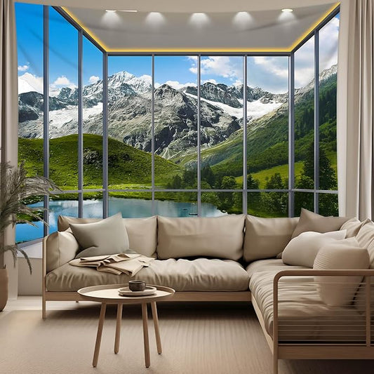 dueeia Window Tapestry Wall Hanging Mountain Forest Lake Nature Landscape Wall Tapestries for Bedroom Office Living Room Wall Decor (59.1"x39.4")