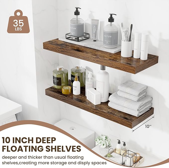 Fun Memories Floating Shelves for Wall, 32 Inch Long Floating Shelves Set of 2, 32 x 10 Wooden Shelves for Wall, Large Storage Shelves, Hanging Shelves for Bathroom Kitchen Bedroom, Rustic Brown