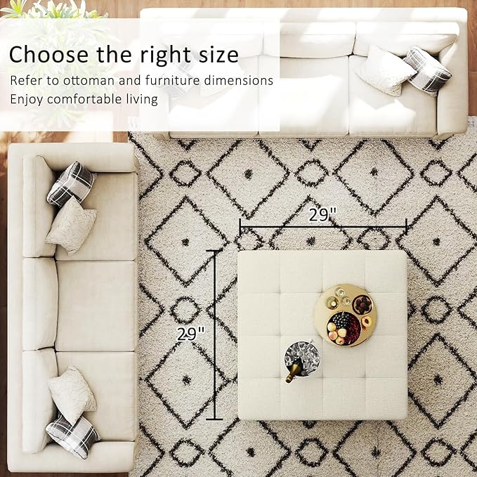 Large Square Ottoman Coffee Table, Linen Solid Upholstered Footrest Ottoman with Solid Wood Shelf Storage Tufted Coffee Table for Bedroom Living Room, Ivory